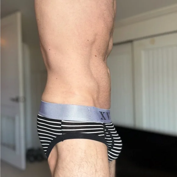 Men's Black and White Striped Briefs - Picture 2 of 5